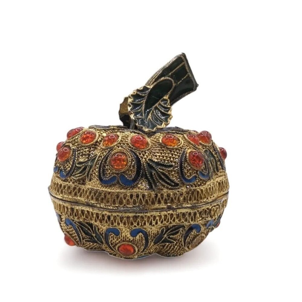 Antique Rare Tibetan Cloisonne Jewelry Trinket Box Gold Filigree 4" X 3"